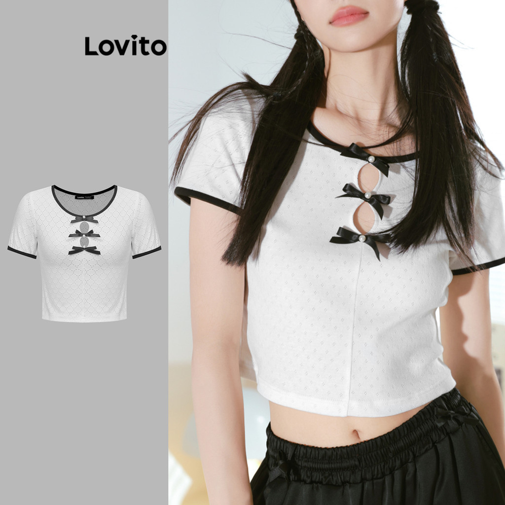 Lovito เสื้อยืดผู้หญิง ไข่มุก แต่งโบว์หน้า แต่งขอบสี สีพื้น สไตล์น่ารัก L88AD214