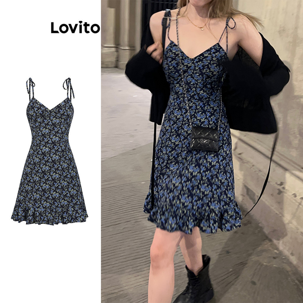 Lovito ชุดมินิเดรสลำลอง คอวี แขนกุด ทรงบาน ผูกด้านหน้า ลายดอกเดซี่ แต่งชายระบาย สำหรับผู้หญิง L53AD049 (ดอกไม้/เดซี่)