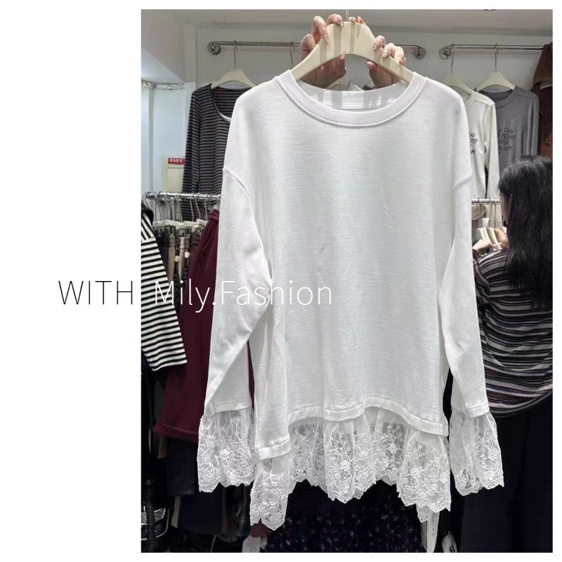 Milyfashion เย็บขอบลูกไม้เสื้อตัวในเสื้อยืดผู้หญิงฤดูใบไม้ผลิฤดูใบไม้ร่วงและฤดูหนาวใหม่คอกลมหลวมแมทช์ลุคง่ายแขนยาวความยาวปานกลางเสื้อตัวใน