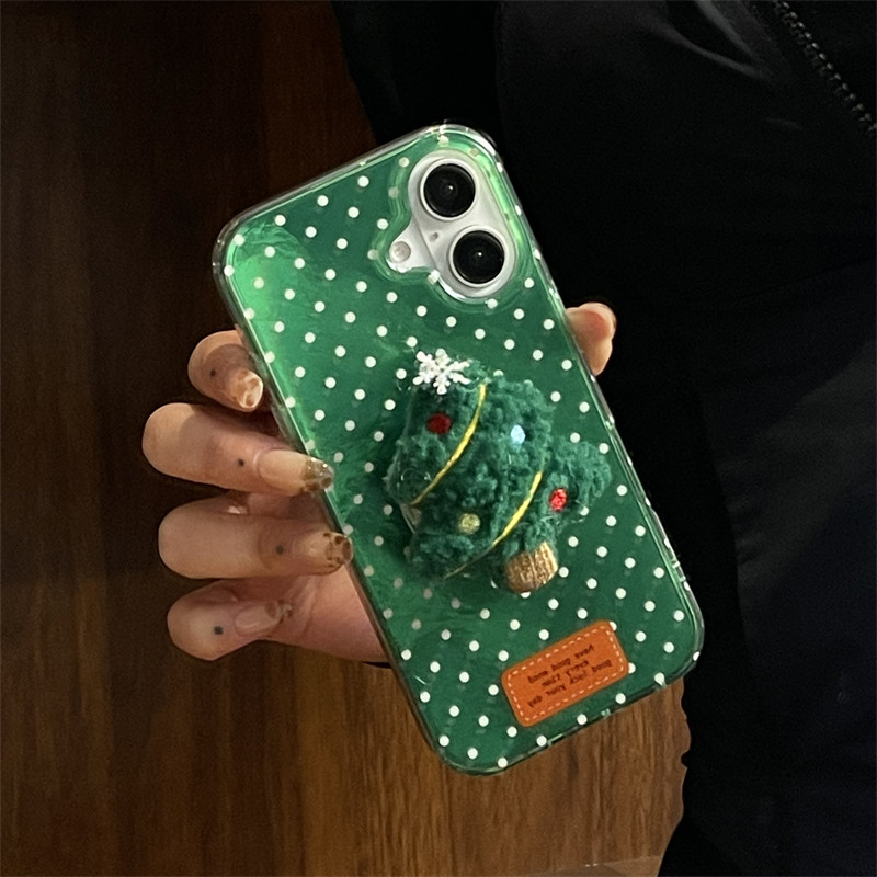 Huiwanju ต้นคริสต์มาสสามมิติ creative polka dot bracket สําหรับ iPhone16promax เคสโทรศัพท์มือถือ iPhone15 รวมทุกอย่าง 14 ซิลิโคนป้องกันการตก 13 เคสป้องกัน