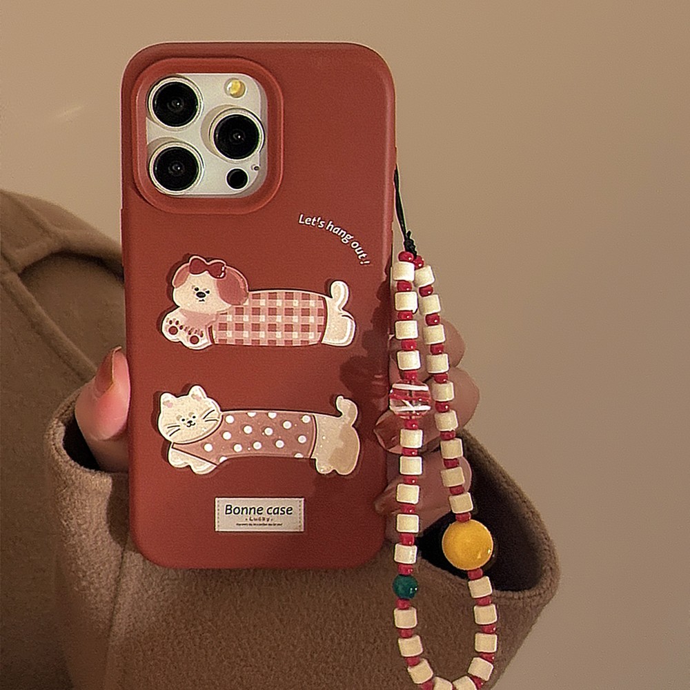 เคสแมวและสุนัข 3D สีแดงคาราเมลเหมาะสําหรับ IPhone 16, Apple 15/14 Pro Max/13 สร้อยข้อมือแบบนิ่ม