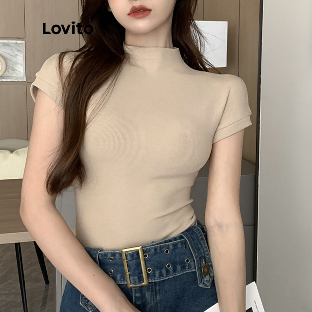 Lovito เสื้อยืด แบบเบสิก ทรงสลิมฟิต แขนสั้น คอกลม สีพื้น สไตล์ลำลอง สำหรับผู้หญิง LNE02178 (สีแอปริคอท)