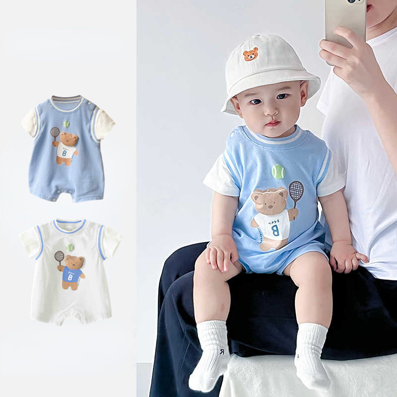 ฤดูร้อนใหม่เสื้อผ้าเด็กคุณภาพสูงชายหญิงกีฬาสไตล์บอดี้สูทแขนสั้น 0-24 เดือนเด็ก สุด ๆ หล่อหมี ชุดรอมเปอร์ สไตล์เกาหลี