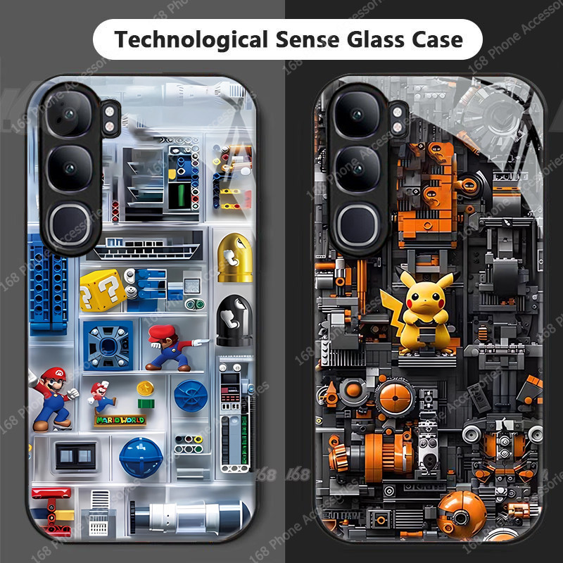 เคส Vivo Y200 5G การ์ตูนอะนิเมะ Mario Pikachu กันกระแทกเคสวงจร PCBA เคสโทรศัพท์กระจกหล่อสําหรับผู้ชายเด็กนักเรียน