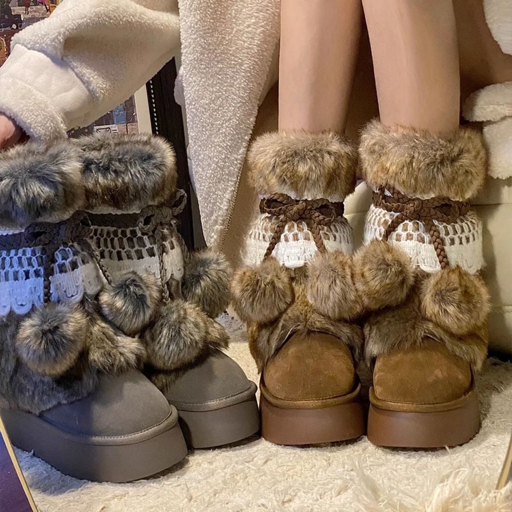 กระแส Snow Boots Mid-Tube Boots สไตล์ใหม่ เวอร์ชั่นเกาหลี เงินแบบ One-Pedal