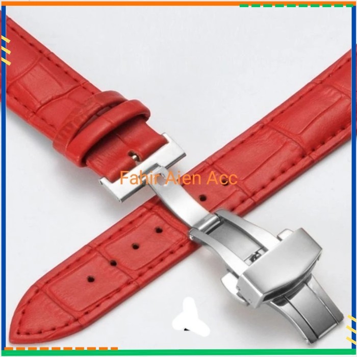 MERAH 20MM LEATHER WATCH STRAP BUTTERFLY BUCKLE - แดง-เงิน 20mm