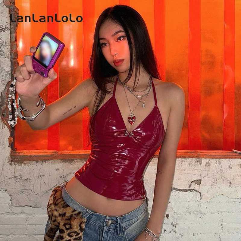 Lanlanlolo ผู้หญิง 2024 เซ็กซี่ PU หนังแฟชั่นสีทึบ Halter Camisole