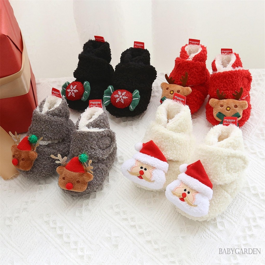 //-รองเท้าผ้าฟลีซคริสต์มาสสําหรับเด็ก Reindeer/santa/candy Soft Sole Walking รองเท้าอุ่นน่ารักสําหรับฤดูหนาวฤดูใบไม้ร่วง