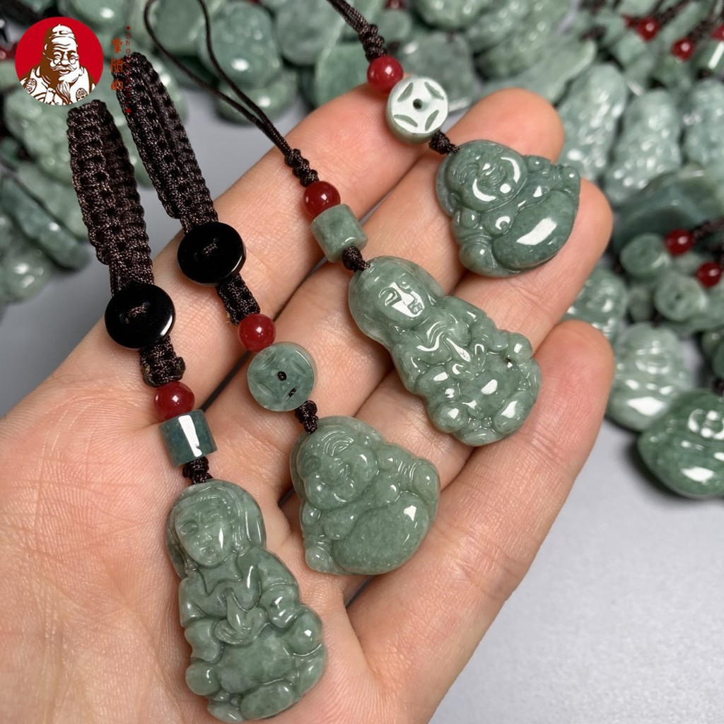 (1 ราคา) ถั่วสีเขียววัสดุ Jadeite Class a Guanyin พระพุทธรูปชายพวงกุญแจเชือกโทรศัพท์มือถือเชือกอุปกรณ์เสริมจี้หยก
