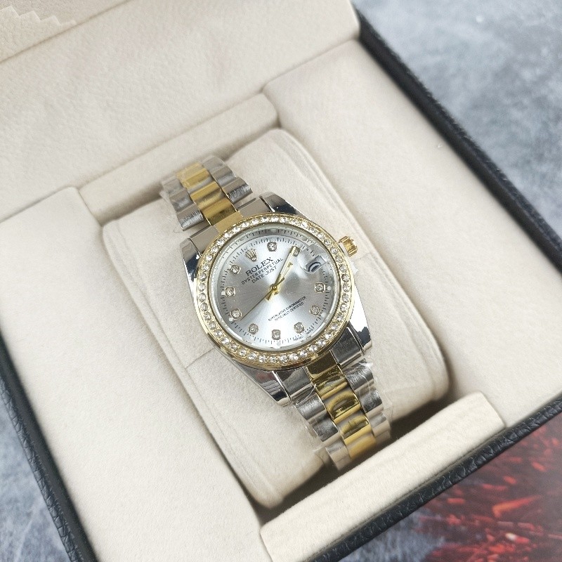 นาฬิกาข้อมือควอตซ์แฟชั่น สายแสตนเลส rolex มีปฏิทิน สไตล์นักธุรกิจ สําหรับผู้หญิง