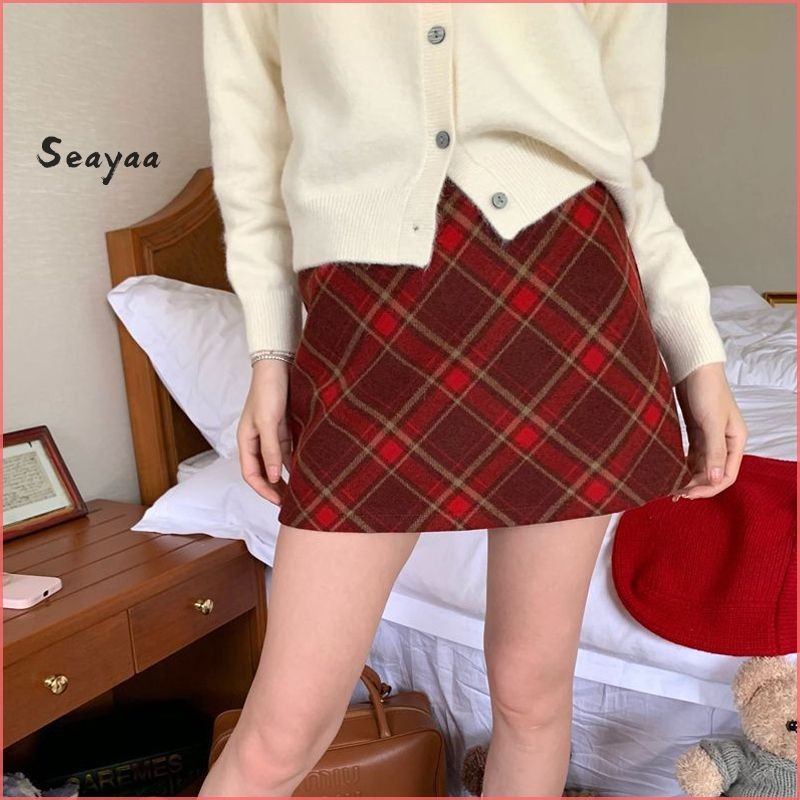 Retro Check กระโปรงเอวสูงสาวร้อนกระโปรงสั้นเซ็กซี่ A-Line สะโพกห่อกระโปรง SY