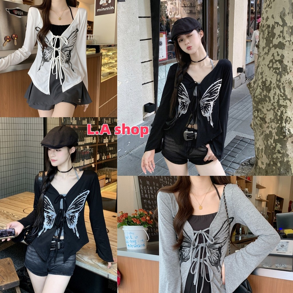 L.A Shop สไตล์ใหม่ เสื้อคลุมไหมพรม ดีเทลผูกด้านหน้า คาวาอี้ ลายเท่ๆสามสี"11583"