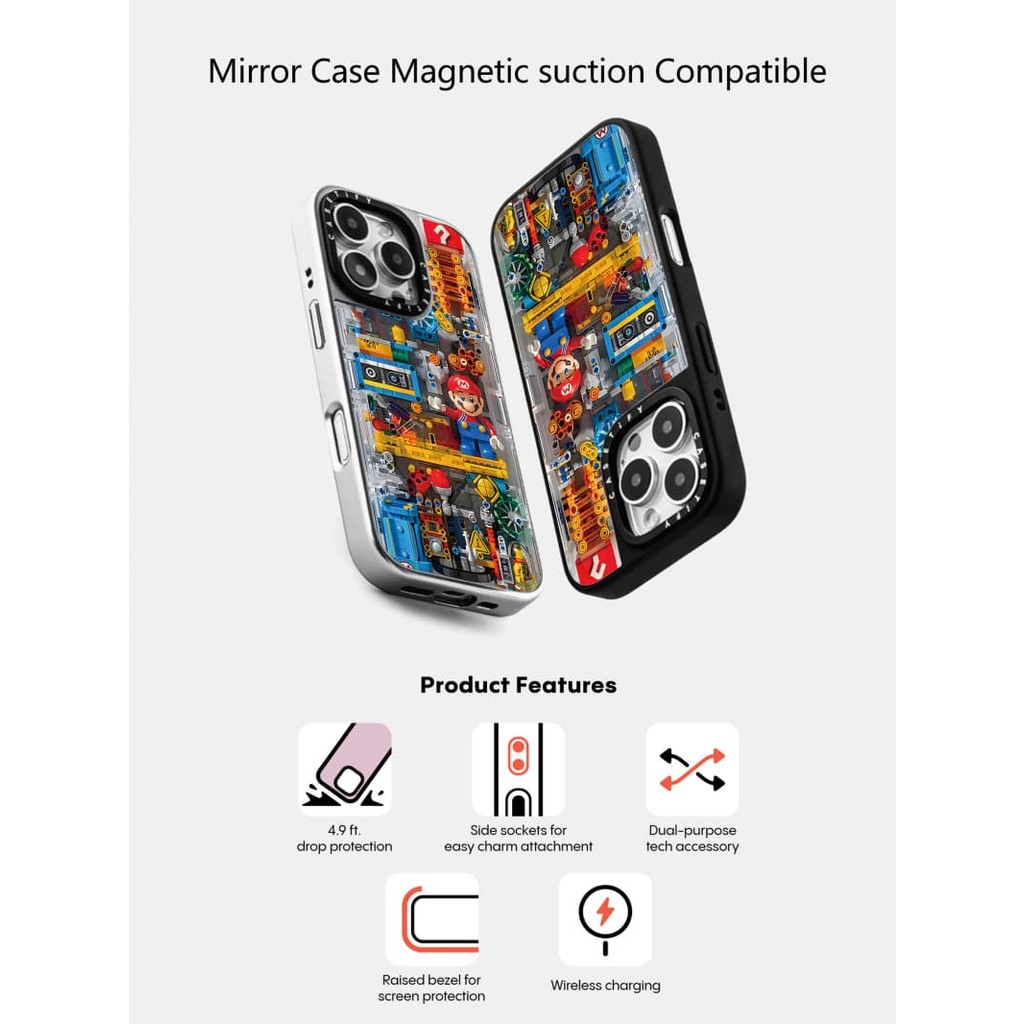 Casetify X Mario แม่เหล็กดูด Black & Sliver กระจก IPhone กรณี IPhone 16 15 14 13 12 Pro Max Plus Hard กลับกรณีฝาครอบกล่องแกะสลักโลโก้
