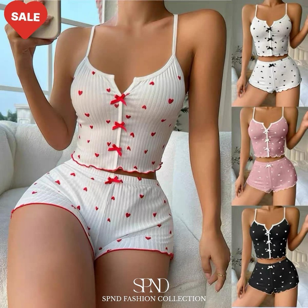 SPND พร้อมส่ง เซ็ทชุดนอน 2 ชิ้น ลายหัวใจ ชุดนอน Lady