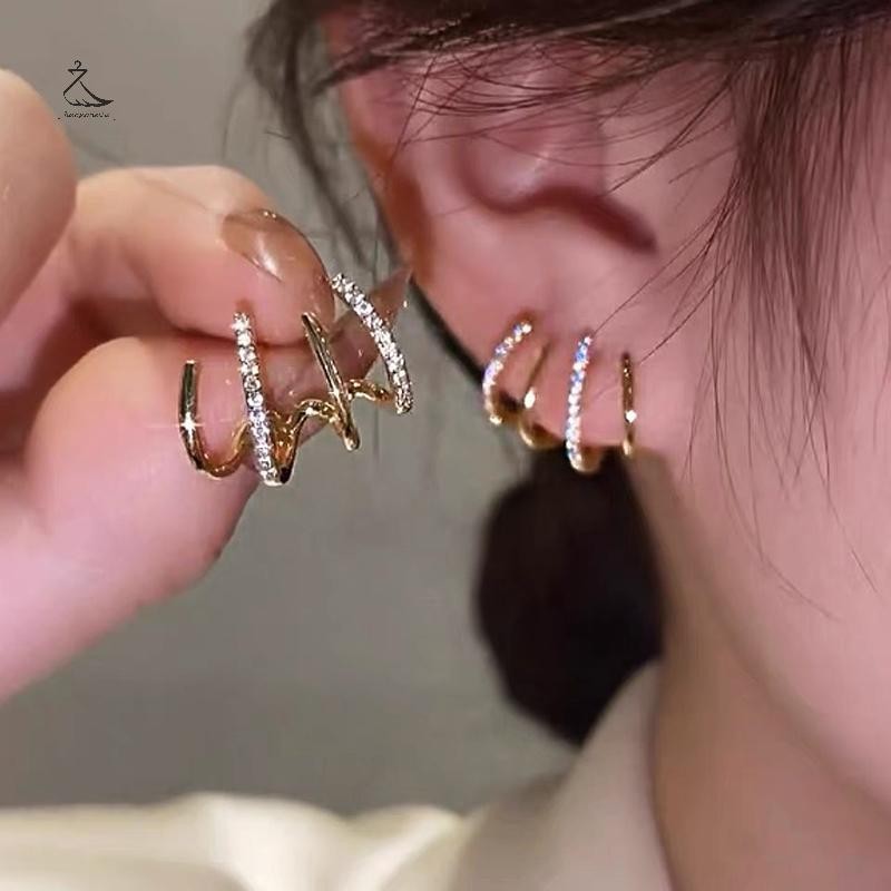[HSSL] ต่างหูแบบติดหูเล็บเกาหลีสําหรับผู้หญิง Four-Prong Setg ต่างหูหูสีทองเครื่องประดับแฟชั่นของขวัญปีใหม่ MCL7717