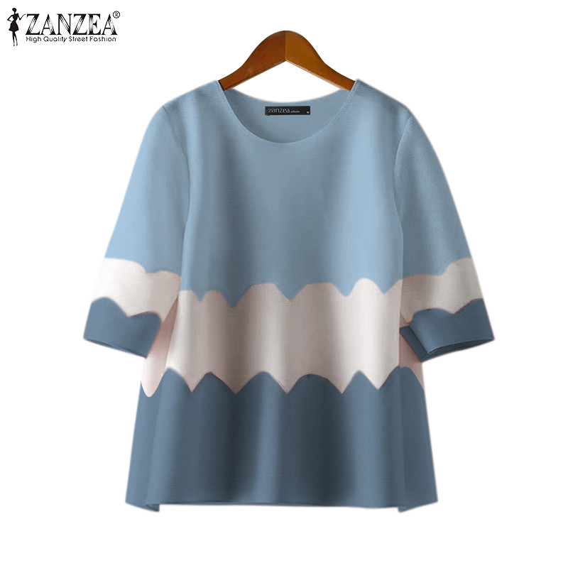 Zanzea เสื้อเบลาส์คอกลมแขนสั้นแฟชั่นสตรีเกาหลี Splicing Wave Edge