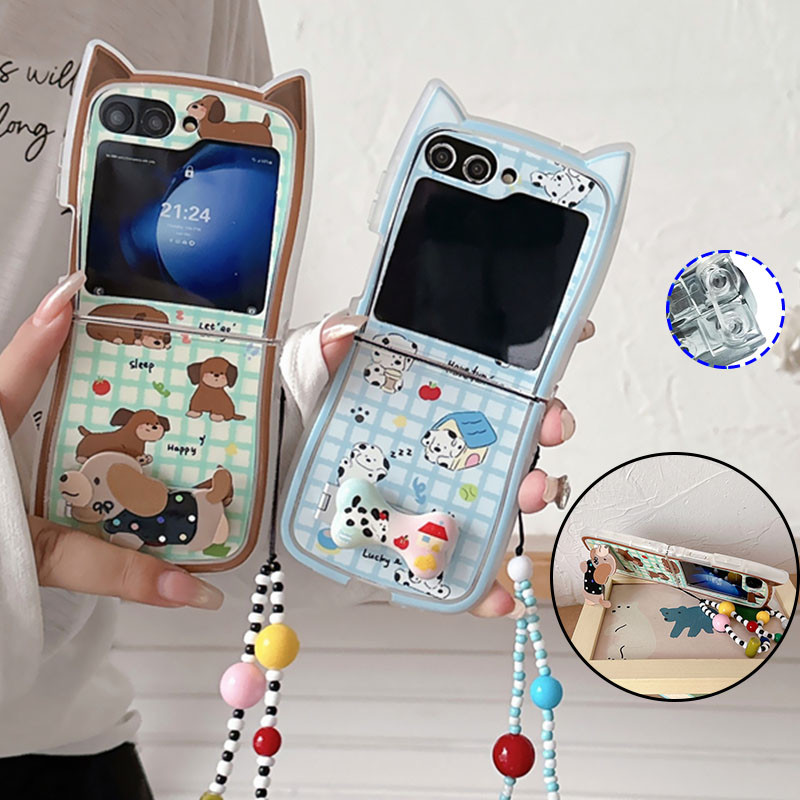 SAMSUNG สุนัขน่ารักพิมพ์เคสโทรศัพท์ซิลิโคน ทีพียู แบบนุ่มพร้อมเชือกเส้นเล็ก ซัมซุง กาแลคซี Z พลิก 6 5 4 3 แมวหูปลอกกับแนวนอนยึดยึดกันกระแทกฝาหลัง พลิก6 พลิก 5