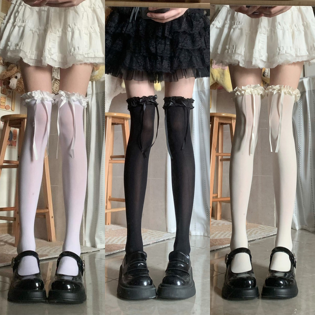 มิลค์กี้สีขาว เจเค ถุงเท้าลูกวัวโลลิต้าโบว์ริบบิ้นลูกไม้บัลเล่ต์กว่าเข่าถุงเท้าหวาน รัฟเฟิล แสดงขาถุงน่องยาวบาง
