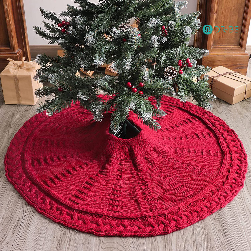 Dr.bei กระโปรงต้นคริสต์มาสสีแดง/กระโปรงต้นไม้สีขาวถักหนา Rustic Xmas Tree ตกแต่งสําหรับฤดูหนาว Holiday Tree Mat Decor