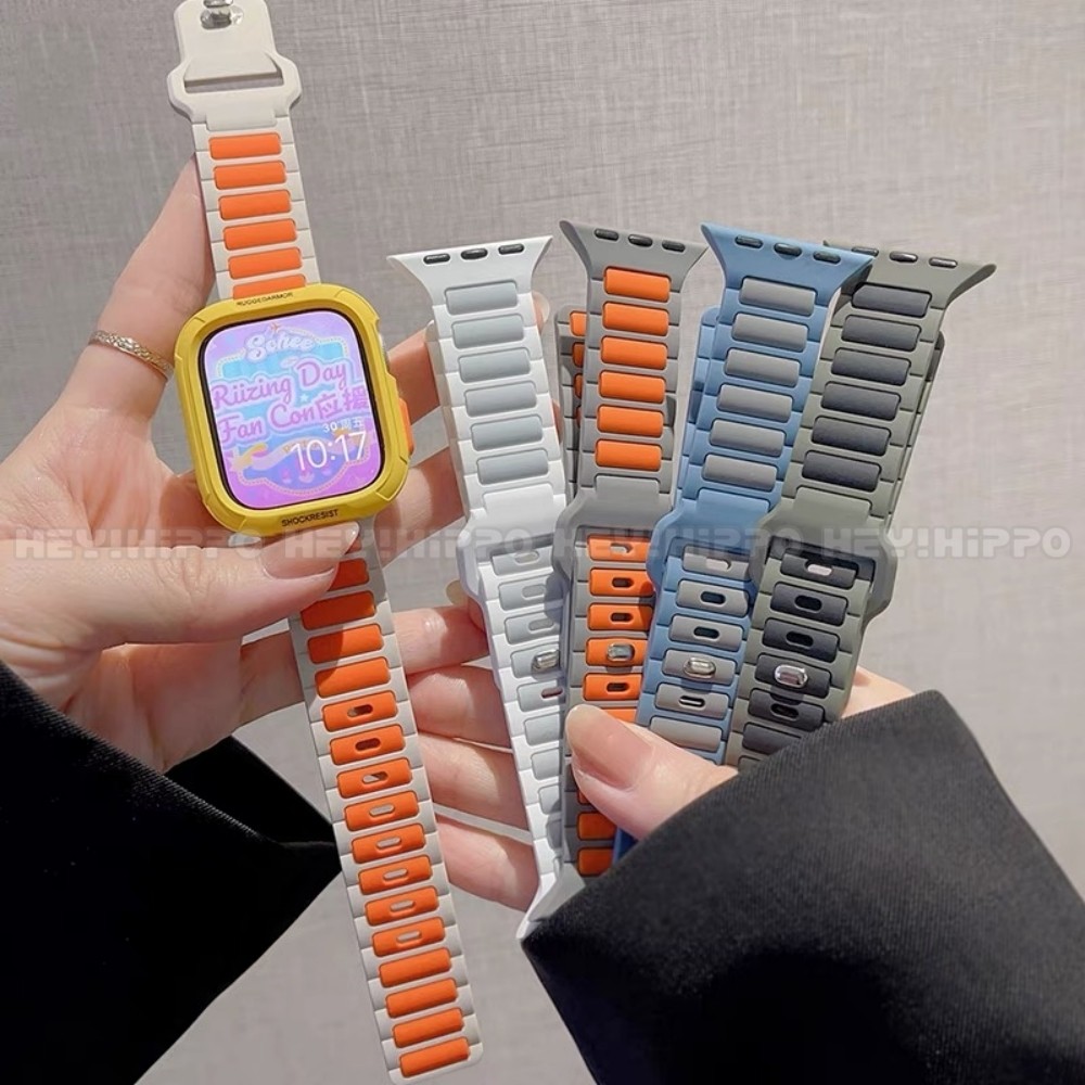 สายซิลิโคนทูโทน+เคสป้องกันเหมาะสําหรับสมาร์ทวอทช์ซีรีส์ 10/9/8/7/6/5/SE/4 เหมาะสําหรับ iwatch 49/46/45/44/42/41/40/38 มม.