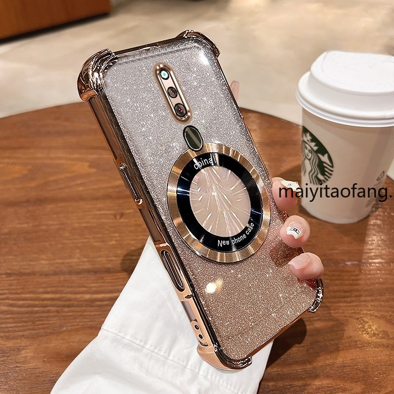 เคสสําหรับ OPPO F11 Electroplated สี่มุม Anti Drop Flash Powder เคสโทรศัพท์แม่เหล็กดูดความงามออกแบบใหม่ TPU Soft Case