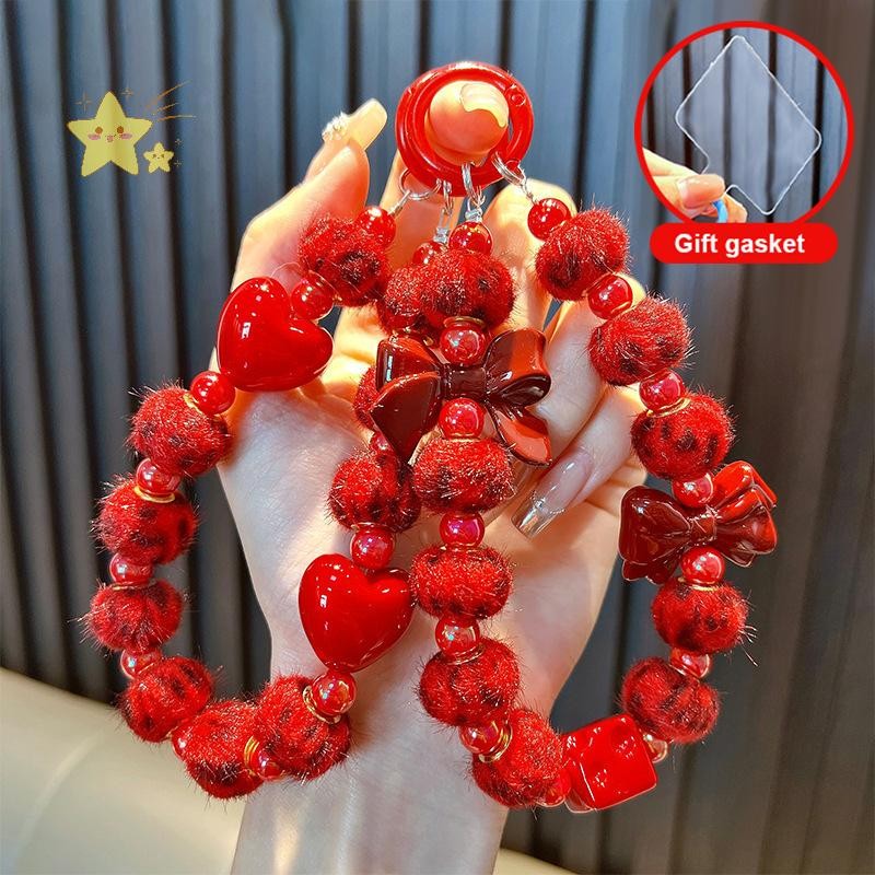 [JBTH] Vintage Red Fur Ball Phone Lanyard ลูกปัดหวานโซ่โทรศัพท์มือถือพวงกุญแจปีใหม่คริสต์มาสสายคล้องโทรศัพท์มือถือจี้กล้อง [JB]