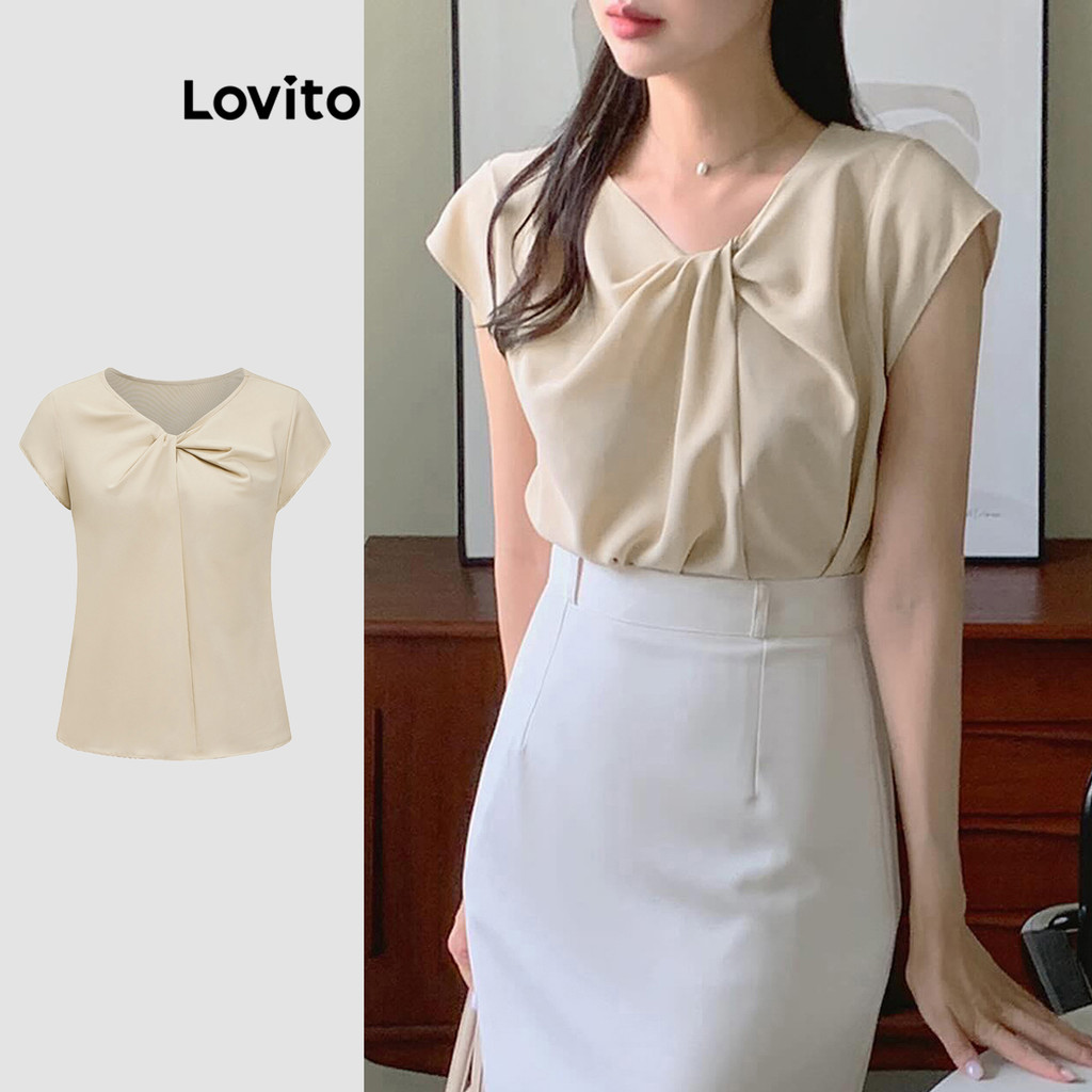 Lovito เสื้อเบลาส์ผู้หญิง แต่งปม สีพื้น หรูหรา L89ED229