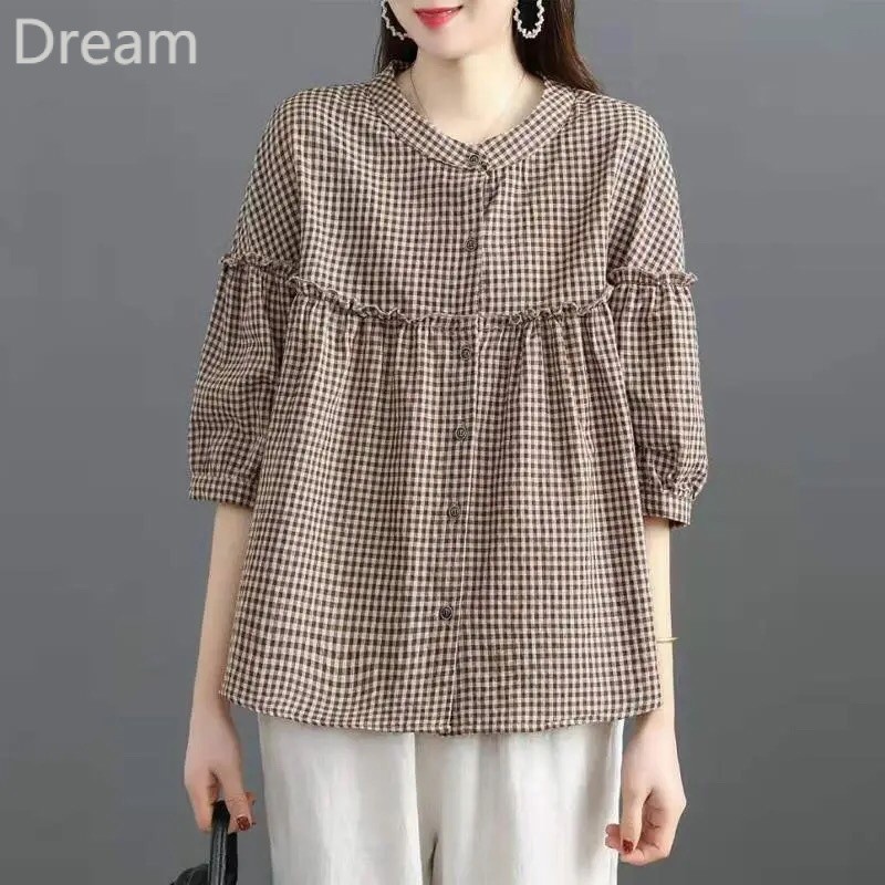 เสื้อเชิ้ตผ้าฝ้ายลินินผู้หญิงฤดูร้อนสไตล์ใหม่เวอร์ชั่นเกาหลีหลวมสบายๆทุกการแข่งขันเสื้อบางยืนขึ้นปกด้านบน