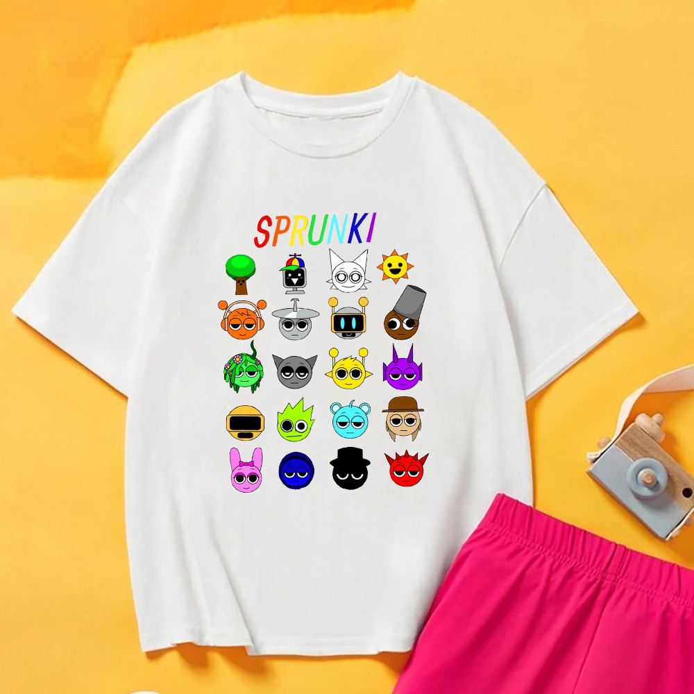 เด็กเสื้อลําลองชายหญิงน่ารักสร้างสรรค์การ์ตูนพิมพ์แขนสั้นเสื้อยืด Incredibox Sprunki เด็กท็อปส์ชุด
