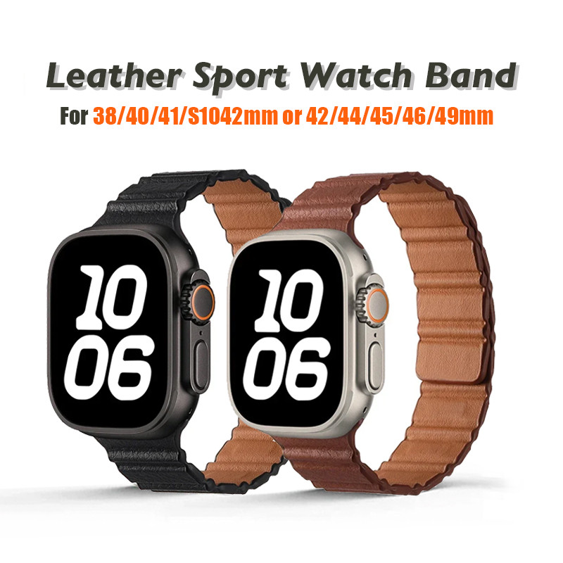 Magnetic Loop Leather Link strap bracelet สําหรับ Apple watch 44mm 45mm 40mm 38mm 42mm iwatch Seires