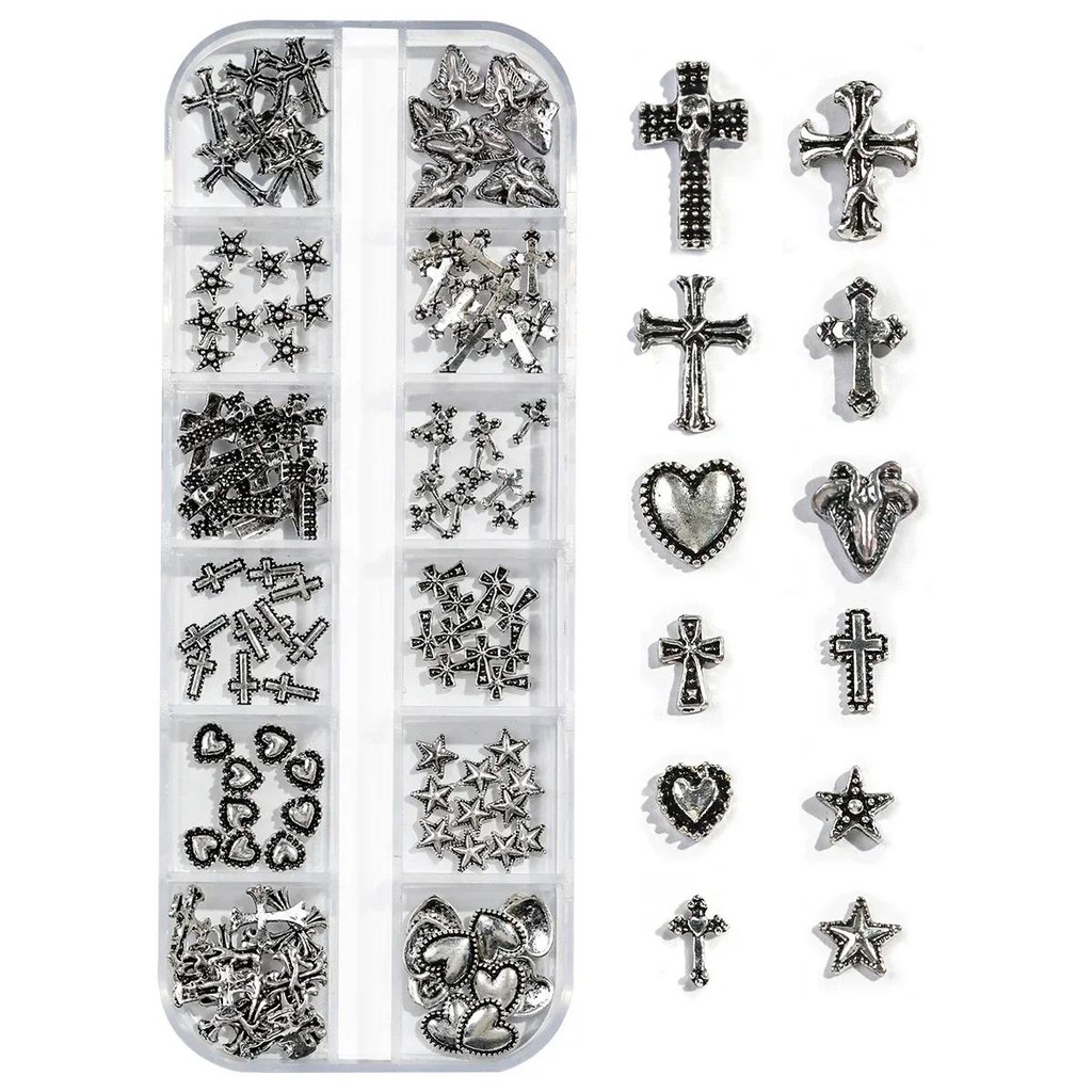 12 กริด Vintage Cross Shaped สังกะสีเครื่องประดับเล็บอุปกรณ์ Heart & Star รูปโลหะ y2k เล็บตกแต่งสําหรับผู้หญิงสาว