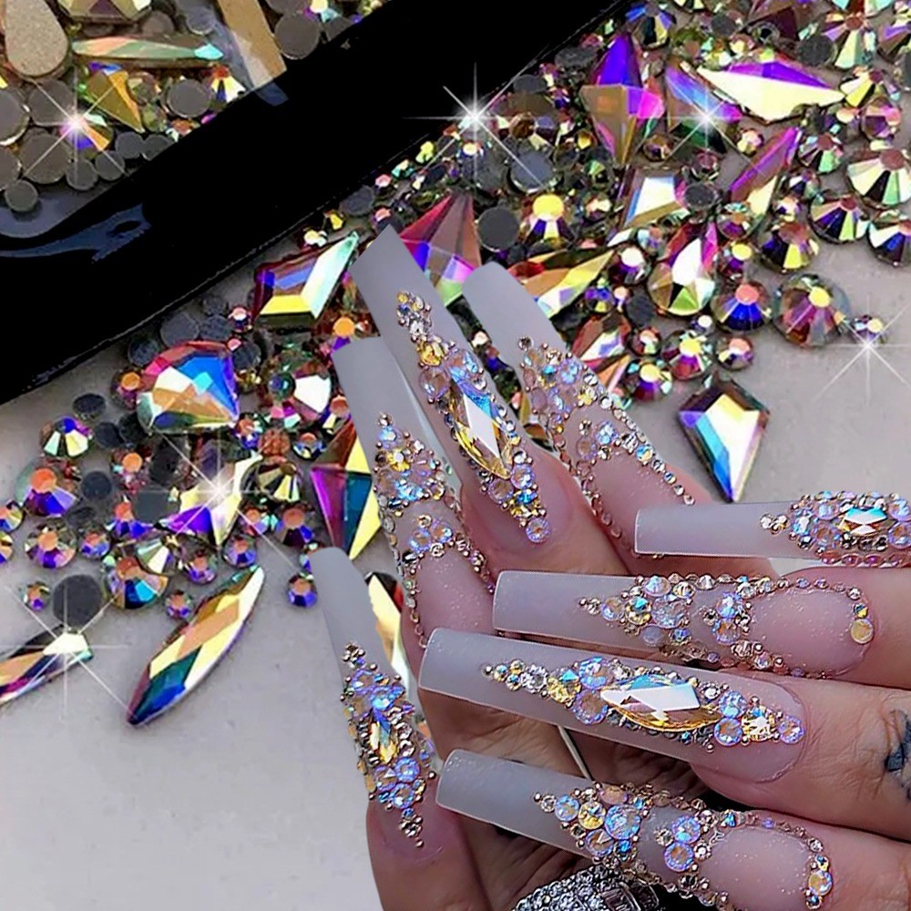 AB Flatback แก้วเล็บ Rhinestones หลายรูปร่างผสมเพชรอัญมณีสีฟ้าสีม่วงคริสตัลหินสำหรับตกแต่งเล็บ DIY