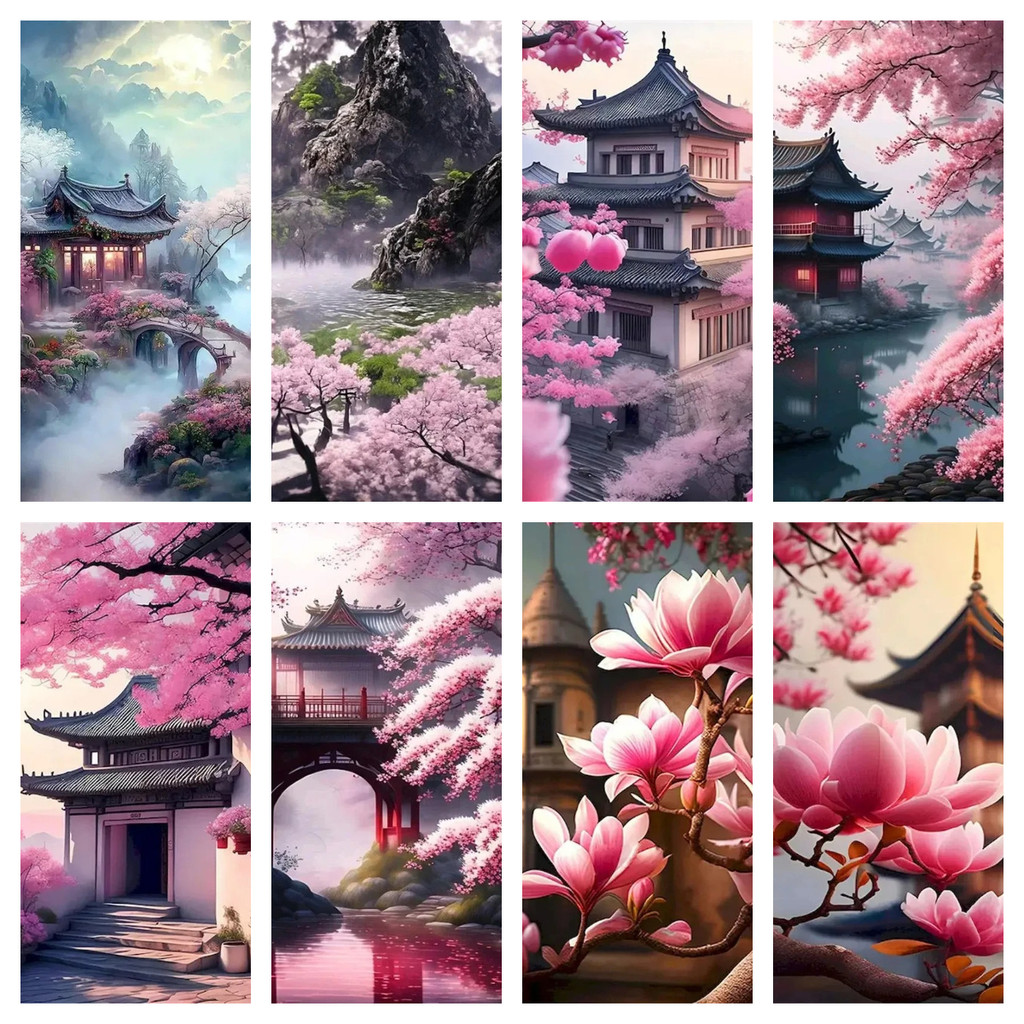 [PM] วัดและดอกไม้สีชมพู 5d ภาพวาดเพชรเพชรเต็มห้องนั่งเล่น PasteDiamond Cross Stitch ห้องนอนห้องรับประทานอาหารเพชรเย็บปักถักร้อยตกแต่งบ้าน 30×40 ซม./40×60 ซม.