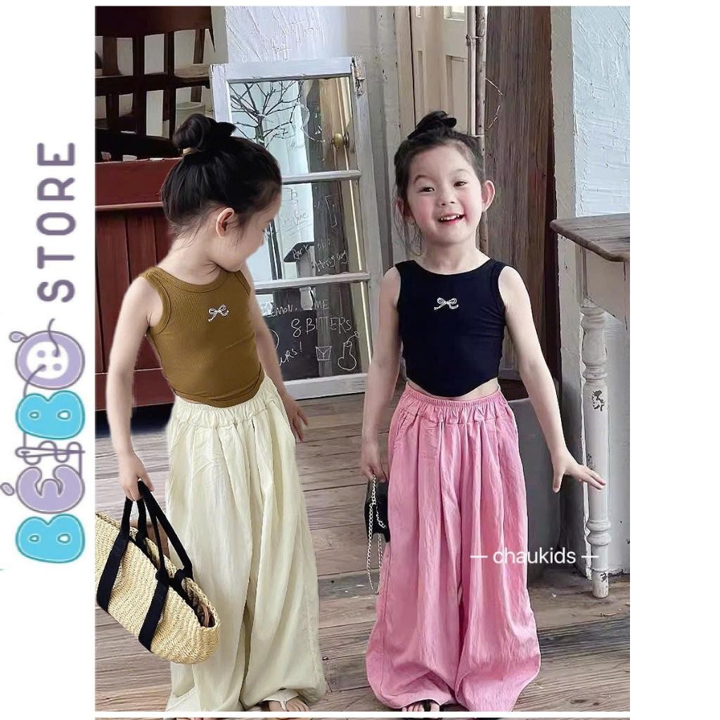 ชุดเสื้อกล้ามผ้าฝ้ายเด็กผู้หญิงพิมพ์ลายโบว์และกางเกงขาม้าสําหรับเด็กผู้หญิงใส่สบายๆในช่วงฤดูร้อนโรงเรียนหรือออกไป