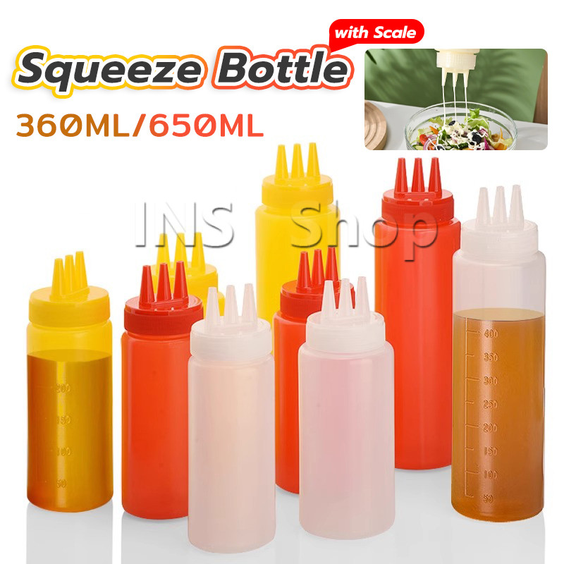 INSขวดน้ำสลัด ขวดบีบซอสพลาสติก ขวดแยม 3 รู ฝาครอบ Condiment Squeeze Bottles