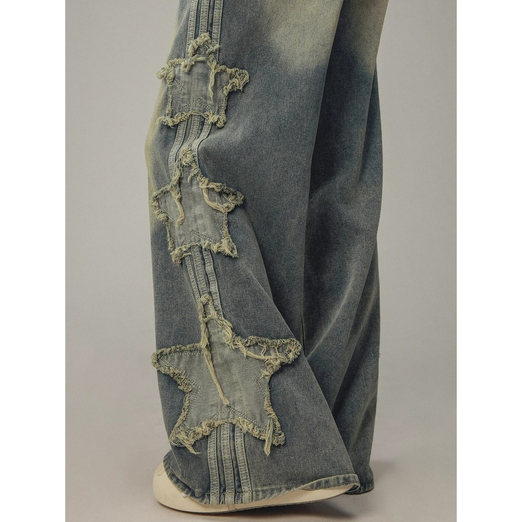 ลายดาวห้าแฉกกางเกงยีนส์อเมริกันกางเกงขาตรงผู้หญิงหลวมย้อนยุคกางเกงยีนส์ขากว้างผู้ชาย