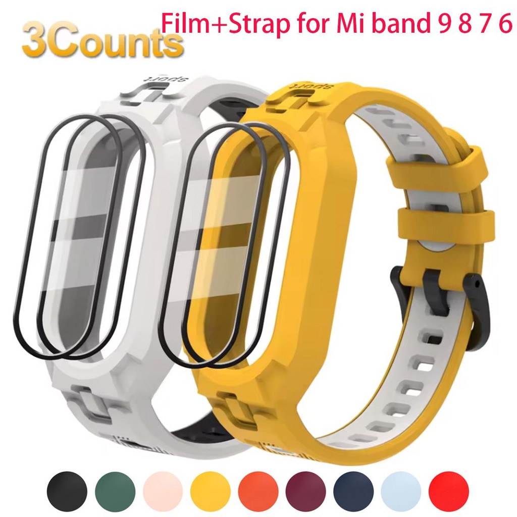 สายรัดซิลิโคนแบบสปอร์ต Xiaomi Mi Band 9 8 7 6 2 ชิ้นฟิล์มป้องกัน + 1 ชิ้นสําหรับ Xiaomi Band 9 8 7 6 อุปกรณ์เสริมสมาร์ท