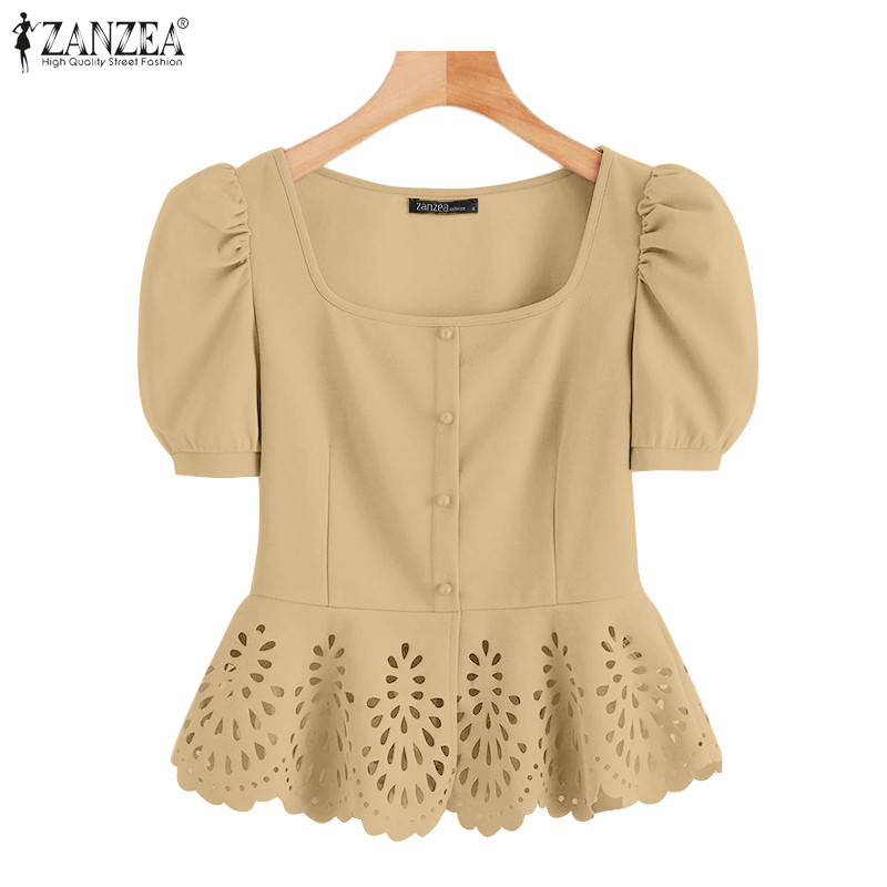 Zanzea เสื้อเบลาส์แขนสั้นคอสี่เหลี่ยมลูกไม้แฟชั่นสตรีเกาหลี