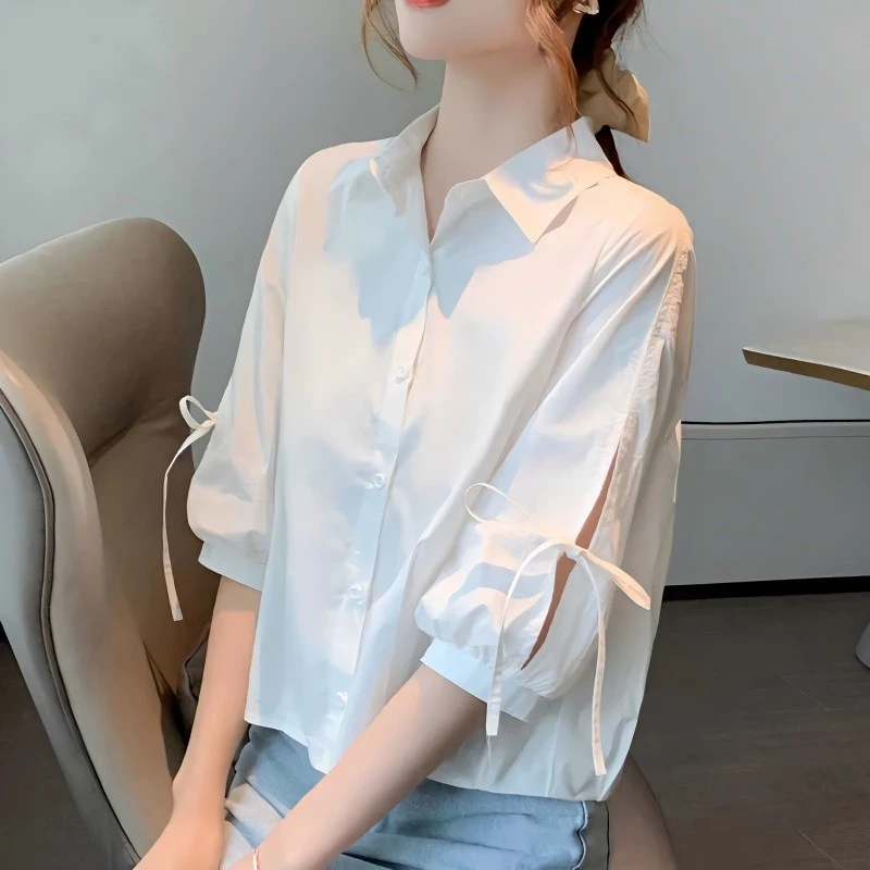เสื้อเชิ้ตแขนยาวปานกลางสำหรับผู้หญิงผ้าชีฟองฤดูใบไม้ผลิและฤดูร้อนแบบใหม่หลวมระบายอากาศแขนโคมไฟผู้หญิงแขนสั้นแมทช์ลุคง่าย