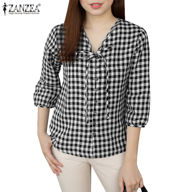 Zanzea เสื้อเชิ้ตลําลองคอวี 3/4 แขนลายสก๊อต Tid หลวมผู้หญิง