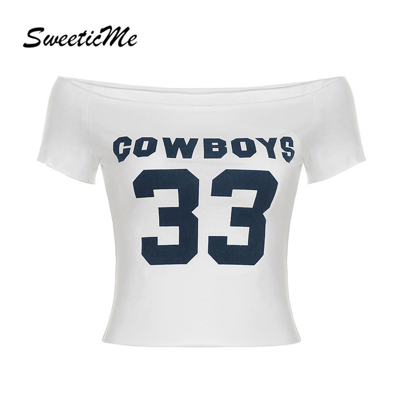 SweeticMe Womens Tops 2025 New Fashion Street Slim Fit Number Print Off Shoulder T-shirt