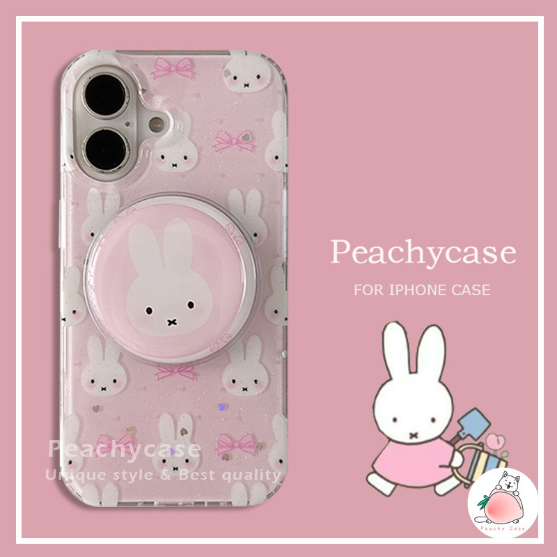 น่ารักสีชมพู Bowknot Miffy กระต่าย Kickstand Glitter เคสโทรศัพท์สําหรับ iPhone 16 15 14 13 Pro Max 16promax Shock Proof Hard PC ฝาหลังไร้สายชาร์จเปลือกมือถือ