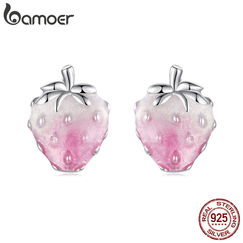 Bamoer 925 เงินสเตอร์ลิง Sliver ต่างหูสตั๊ดสตรอเบอร์รี่ออกแบบของขวัญเครื่องประดับสําหรับผู้หญิง