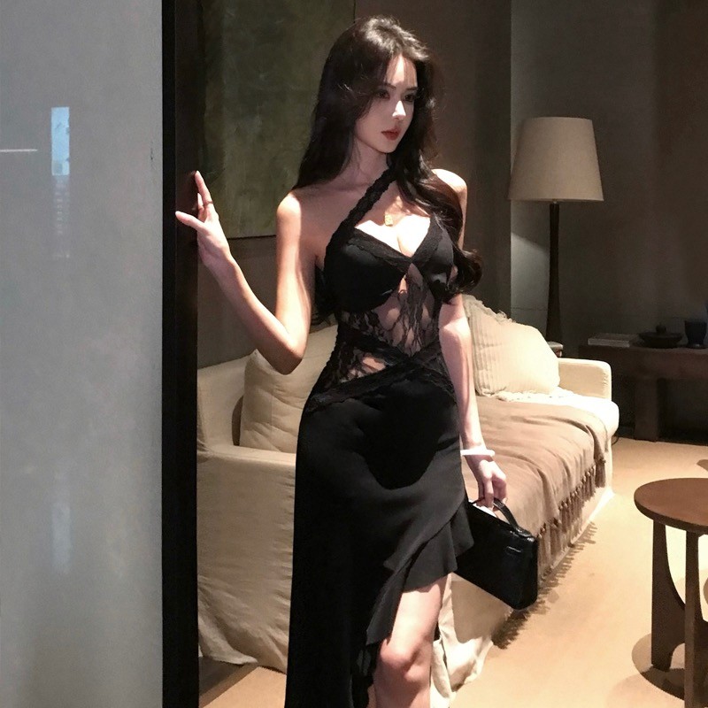 ชุดเดรสสายเดี่ยวลายลูกไม้โปร่งเซ็กซี่สำหรับผู้หญิงฤดูใบไม้ผลิฤดูร้อน ชุดยาวไม่สม่ำเสมอที่ทำให้ดูผอมเพรียว BZHP