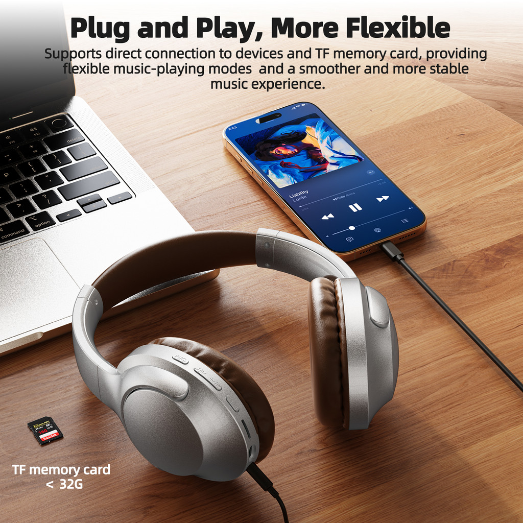 GOOJODOQ หูฟังสเตอริโอ Hi-Fi ไร้สาย ชุดหูฟังโหมดการเล่นไร้สายและแบบมีสาย ความชัดเจนเสียงที่เหนือกว่า ลดเสียง พับได้ การออกแบบน้ำหนักเบา - รูปที่ 7