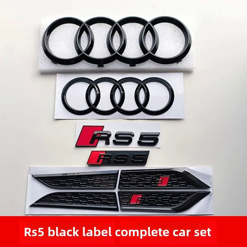 AUDI RS5 4-Ring logo ABS Black Car Hood Front Grill Emblem Rear Trunk Badge Sticker RS5 Sticker RS5 