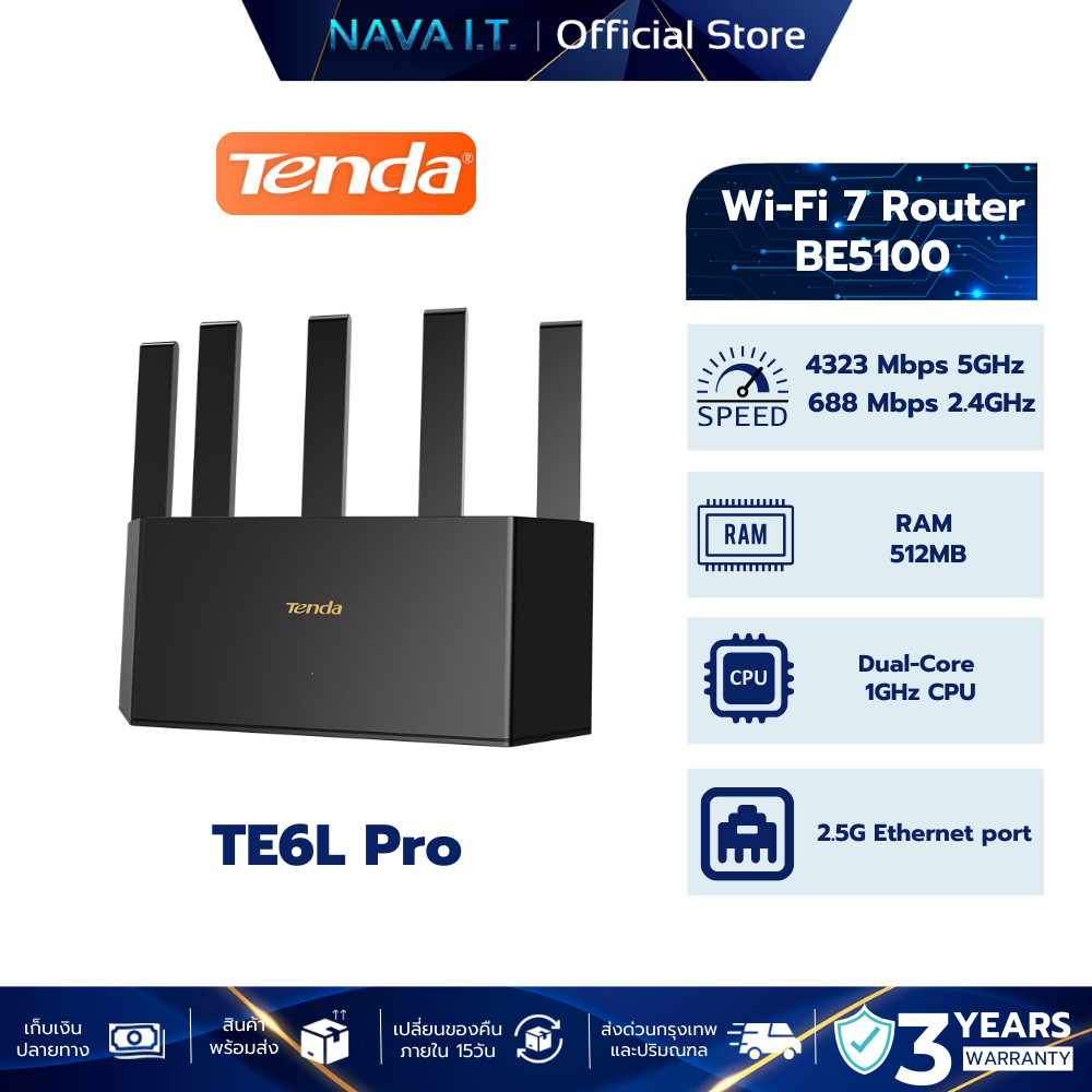Tenda (TE6L Pro) BE5100 Dual-Band Wi-Fi 7 Router (2.5GE) รับประกัน 3 ปี