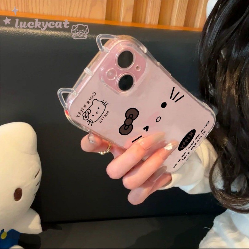 ใช้งานร่วมกับ iPhone 16 15 14 13 12 11 Pro Max X Xr Xs Max 7 8 Plus SE2020 เคสโทรศัพท์น่ารักสีดําเส้น KT แมวรูปแบบ Clear Soft ฝาหลัง