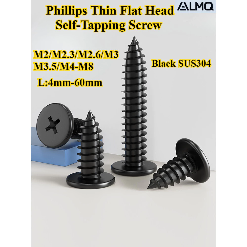 [LMQ-ZGLS] สกรูแตะตัวเองหัวแบนบางแฉกสีดํา SUS304 M2/M2.3/M2.6/M3/M3.5/M4-M8 สกรูหางแหลมหัวแบนข้าม ความยาว 4 มม.-60 มม. สกรูไม้ตกแต่ง
