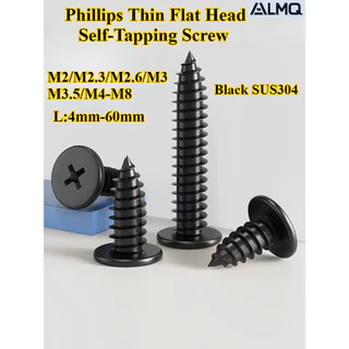 [LMQ-ZGLS] สกรูแตะตัวเองหัวแบนบางแฉกสีดํา SUS304 M2/M2.3/M2.6/M3/M3.5/M4-M8 สกรูหางแหลมหัวแบนข้าม ความยาว 4 มม.-60 มม. สกรูไม้ตกแต่ง